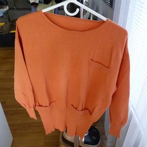 ITALIAN women's  cotton-linen blend orange sweater 3 decorative front pocket L
